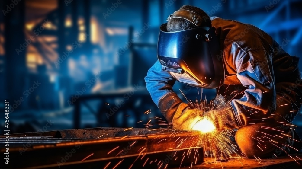 Professional welder working on medium sized pipe with blue light, close up metal welding process Professional welder working on medium sized pipe with blue light, close up metal welding process