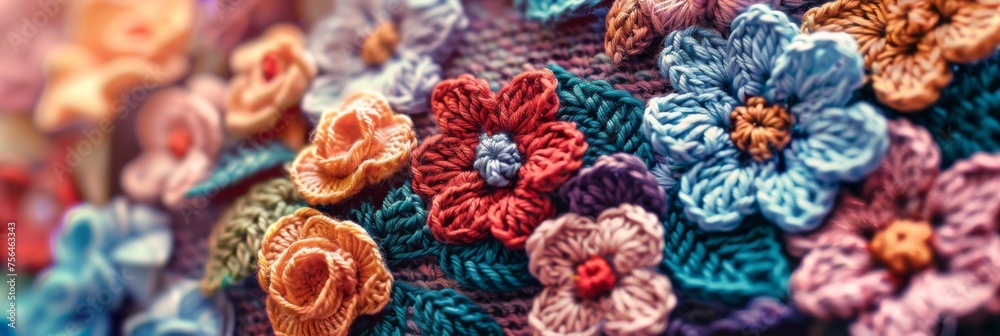 Crochet Flower Background, Handmade Knitting Design, Hobby Illustration, Generative Ai Illustration