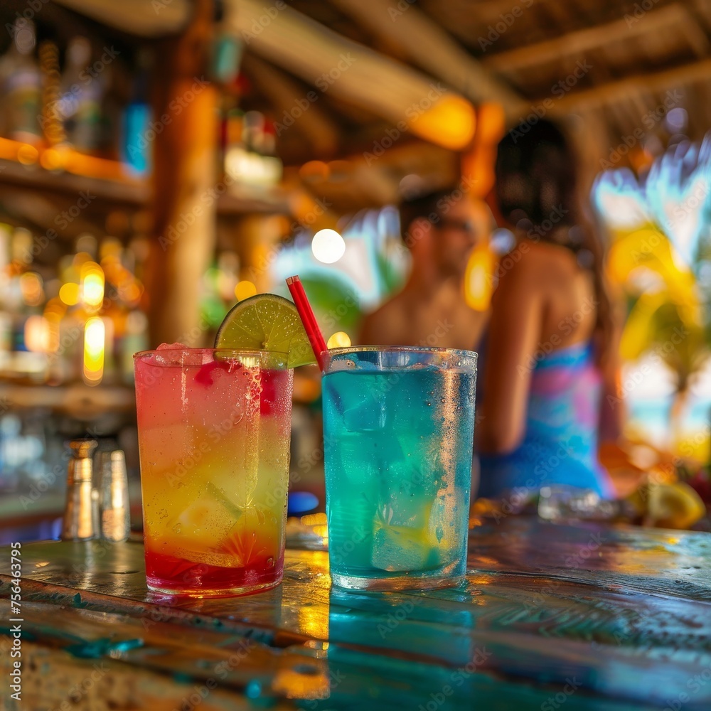 Beach Bar Counter with Color Drinks, Happy Couple Ordering Two Cocktails, Generative AI Illustration Beach Bar Counter with Color Drinks, Happy Couple Ordering Two Cocktails, Generative AI Illustration