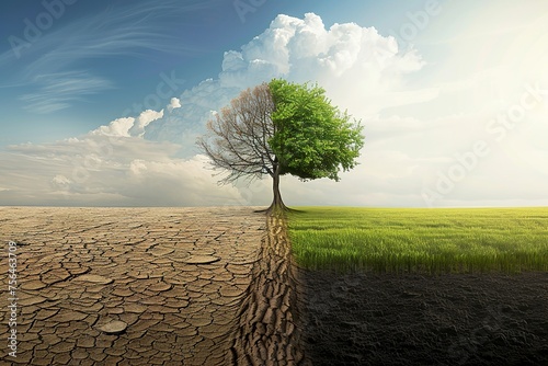 Double illustration. The picture left half represents dry, barren land, and the right half creates a realistic image of green nature and prosperity In the middle, there is a tree that looks different  photo