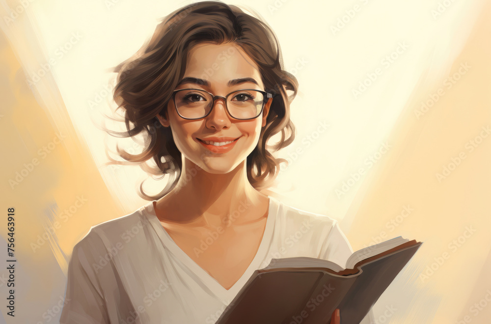 Young woman with glasses smiling and reading a book, with warm light in the background. Young woman with glasses smiling and reading a book, with warm light in the background.
