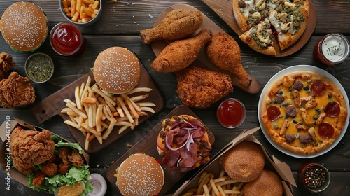 A table scene showcasing assorted takeout or delivery foods, including hamburgers, pizza, fried chicken, and various sides. The view is from the top down