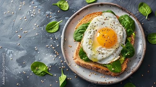 A top-down view of toast topped with avocado, spinach, and a fried egg.