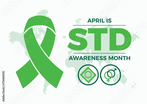 April is Sexually Transmitted Diseases (STD) Awareness Month poster vector illustration. Green awareness ribbon icon vector. Template for background, banner, card, poster. Important day photo