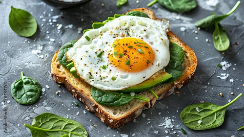 A top-down view of toast topped with avocado, spinach, and a fried egg.