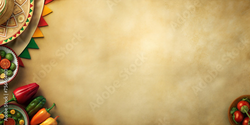 Festive mexican background with traditional sombreros, flags, and a chili pepper. Yellow backdrop for festival Cinco de mayo in Mexico