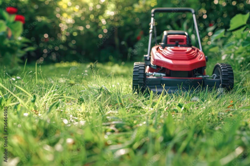 Lawnmower on Green Grass. A vibrant image capturing a red lawnmower on a well-maintained lawn with sun rays filtering through the foliage. Lawnmower on Green Grass. A vibrant image capturing a red lawnmower on a well-maintained lawn with sun rays filtering through the foliage.