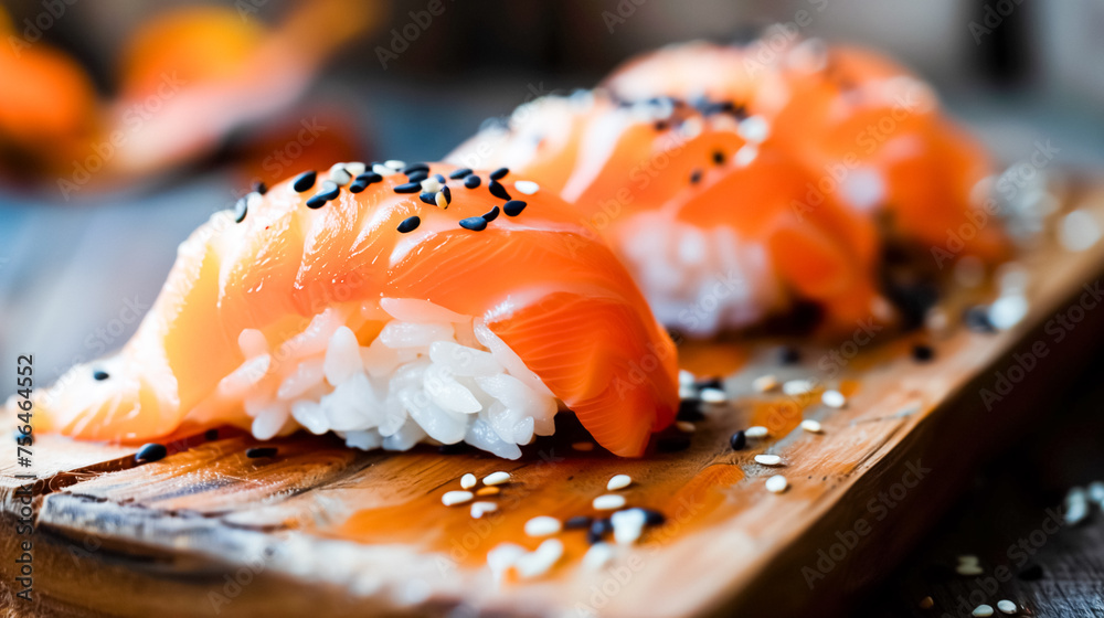 Fresh sushi with vibrant salmon, white rice, and black sesame seeds on a rustic wooden board, showcasing the art of Japanese cuisine. Fresh sushi with vibrant salmon, white rice, and black sesame seeds on a rustic wooden board, showcasing the art of Japanese cuisine.