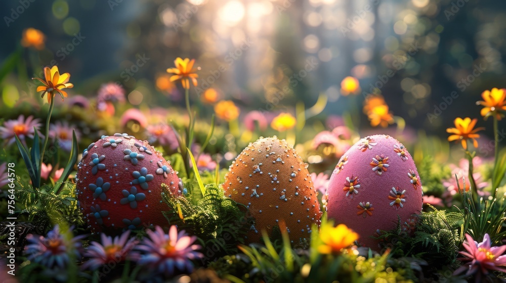 Easter egg hunt in a lush garden, full of life and excitement