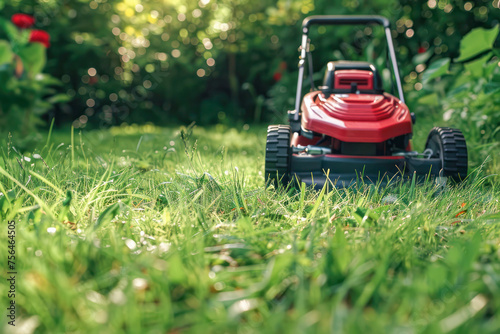 Lawnmower on Green Grass. A vibrant image capturing a red lawnmower on a well-maintained lawn with sun rays filtering through the foliage.
