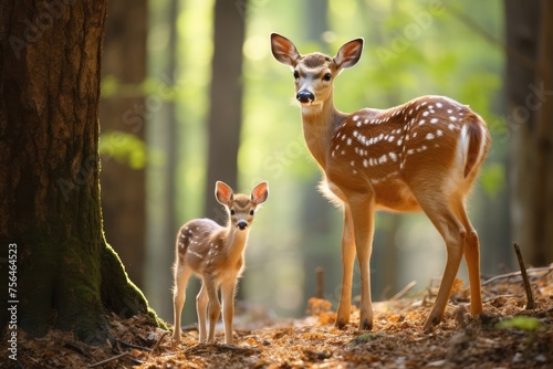 Wildlife moment: fawn and mother deer, symbolizing nature's pure affection and protection