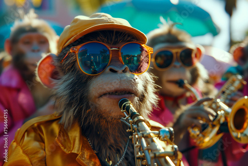 Monkey wearing sunglasses and playing the saxophone with others in a band under sunlight photo