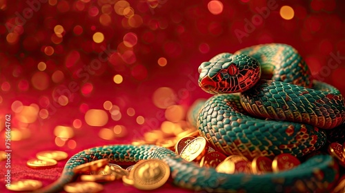 Chinese New Year symbol, Chinese style Christmas background with green Snake on gold coins pile, symbol of 2025 year, wealth wishes, holiday illustration, AI generated