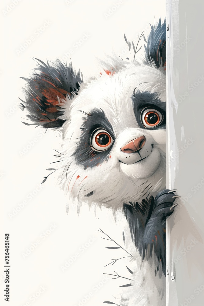Obraz premium Illustration of cutie panda with large, expressive eyes, peering around a corner, with the foremost one partially hidden, with playful expression.