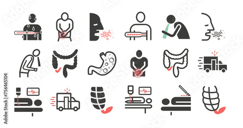 Appendicitis. Symptoms, Treatment. Line icons set. Vector signs for web graphics.