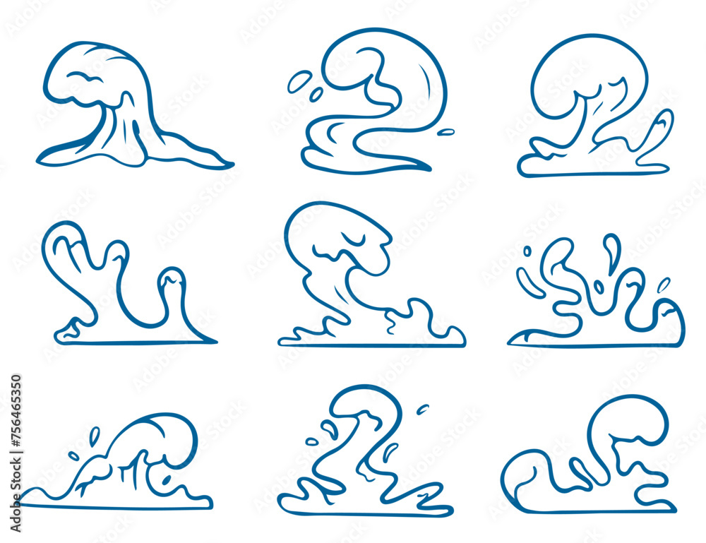 Fototapeta premium Waves Set. Ocean storm round wave. Water wave, sea wave set. Liquid shape elements. Vector illustration EPS10