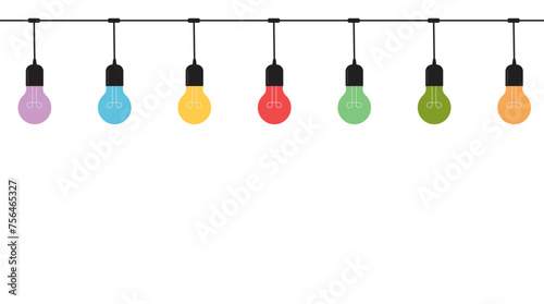A row of light bulbs hanging on a wire on a white background