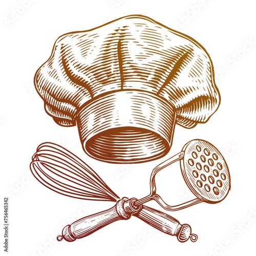Chef hat and crossed kitchen tools. Food concept, bakeshop bakery emblem. Hand drawn sketch vintage vector illustration