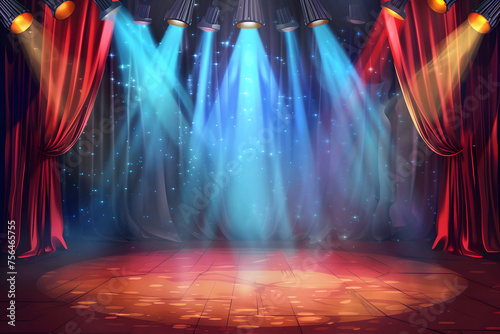 Bühnenzauber: Illustration einer Theaterbühne mit Spotlights und rotem Vorhang photo