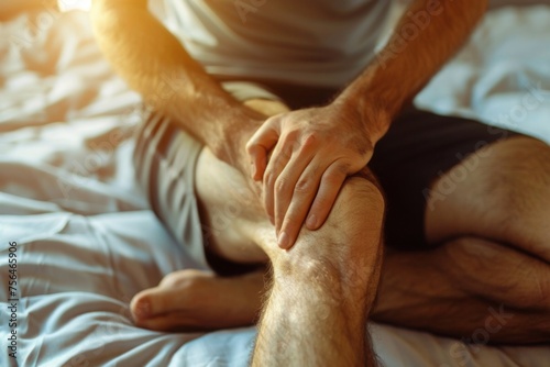 As he sat down, the man massaged his hands on the knee, hoping to alleviate the pain photo