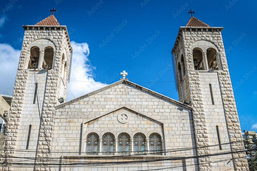 Facade of Eastern Catholic Al Saydeh Maronite Church in Sin el Fil suburb of Beirut, Lebanon