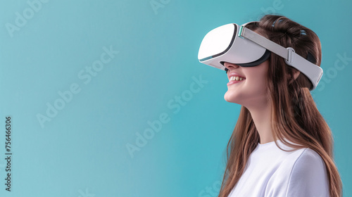 Young Woman Engaged in Virtual Reality Experience Against Blue Background