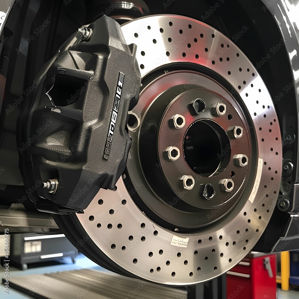 Focused brake service calipers and pads visible Focused brake service calipers and pads visible