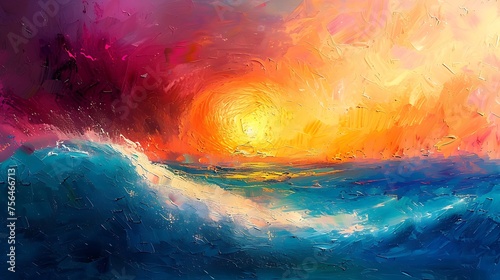 Colorful sky and ocean wave abstract background. Oil painting style © Sazib