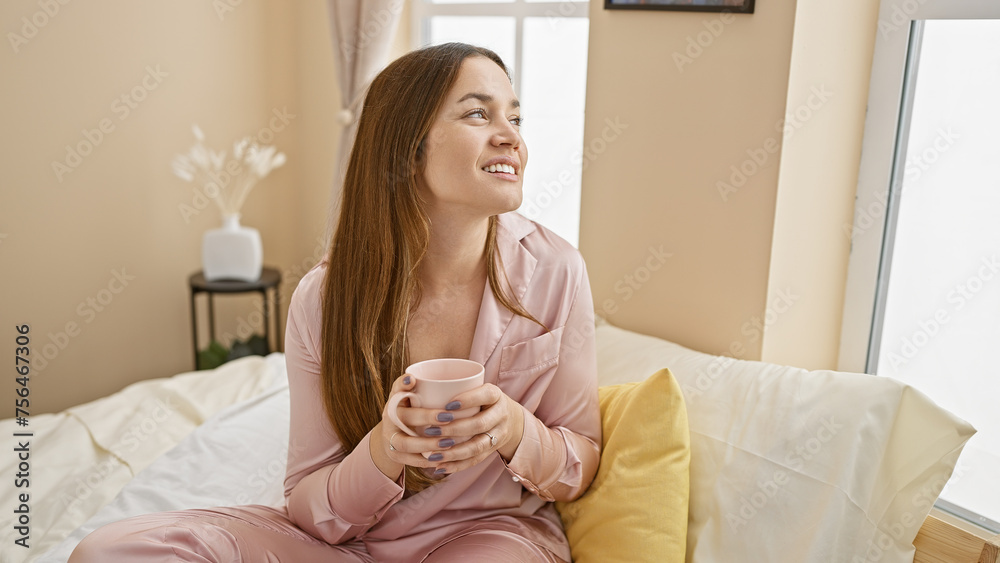 A smiling woman in pajamas enjoys a morning coffee in a sunlit bedroom, emanating a relaxed and cozy vibe.