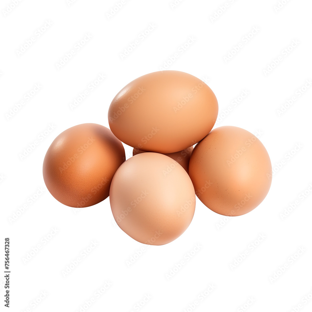 A set of five eggs isolated on transparent background, egg shell, clipping path, png A set of five eggs isolated on transparent background, egg shell, clipping path, png