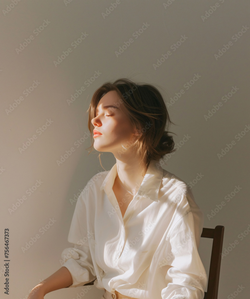 Woman Basking in Sunlight Against Neutral Grey Wall Woman Basking in Sunlight Against Neutral Grey Wall