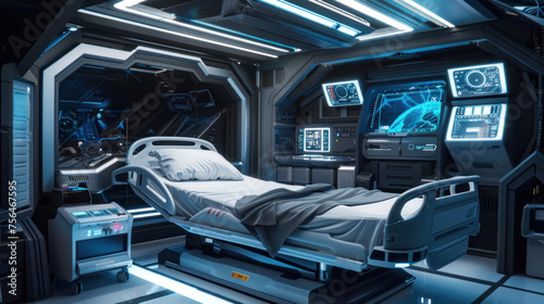 Bed in Intensive care unit in high technology hospital of the future photo