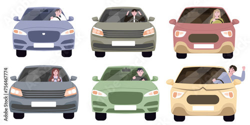 Set of angry car driver shouting in flat design on white background. Driver suffers from migraine and headache while driving car or is nervous getting stuck in traffic jam.