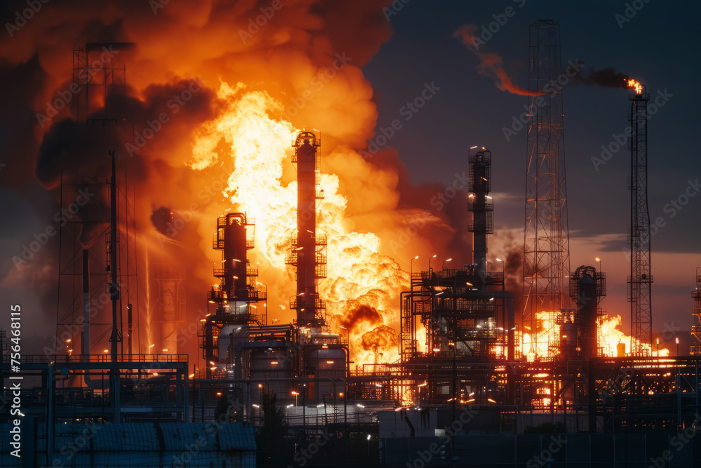 Major fire at an industrial oil refinery. Generative AI