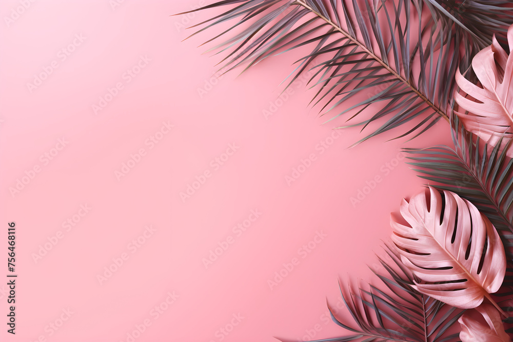 Frame of palm leaves on a pink background. Design banner template for advertising, summer cards, invitations, posters with place for text