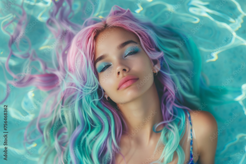 Fototapeta premium Young woman with bright colored flying hair, shades of blue and pink. Hair coloring. Generative AI