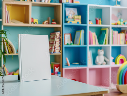 A blank white book stand on a shelf with colorful books. The bookshelf kid book mockup concept