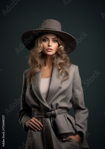 Elegant Woman in Stylish Coat and Hat Against Gray Backdrop © provectors