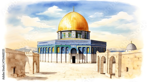 Dome of Rock or Qubbatus Sakhra in Masjidil Aqsa compound on the Temple Mount in Jerusalem, Israel. Hand drawn watercolor illustration