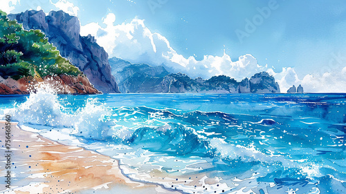 Watercolor Illustration of sea of Italy