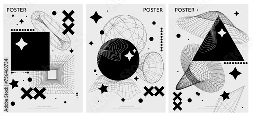 Futuristic retro vector minimalistic Posters with strange wireframes graphic assets of geometrical shapes. Modern y2k design. Surreal black line and cicrle geometry figures.