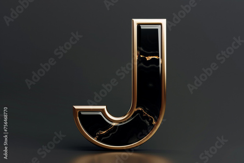 Black marble alphabet, initial letter J, gold border, 3D rendering, agate stone abc with golden marbelling, beautiful unique font design for luxury and jewelry concepts