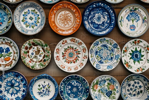 many different folklore plates hanging on the wall, cottagecore © AI for you