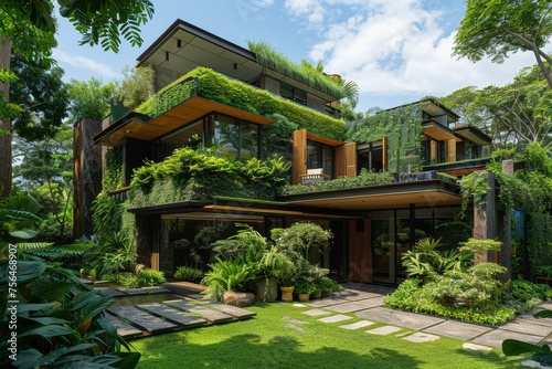 A large house with a green roof and a lush garden