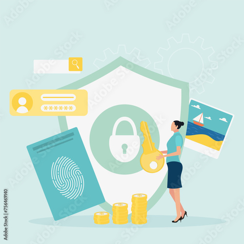 Fingerprint scanning, identification system. Data protection concept. The girl is holding the key. Flat cartoon style. Vector illustration.
