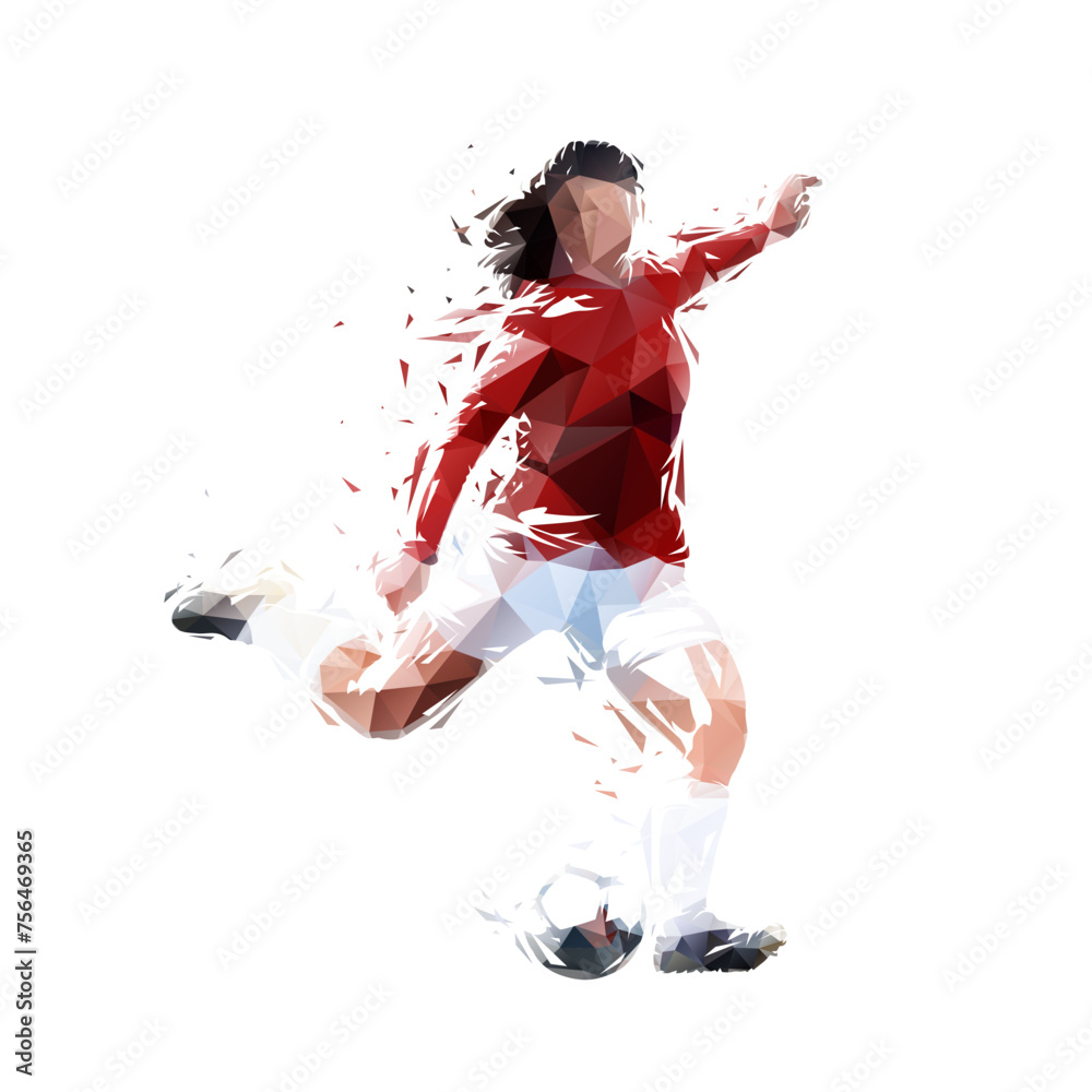 Fototapeta premium Female soccer player kicking ball, low poly woman playing soccer, isolated geometric vector illustration