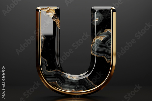 Black marble alphabet, initial letter U, gold border, 3D rendering, agate stone abc with golden marbelling, beautiful unique font design for luxury and jewelry concepts photo