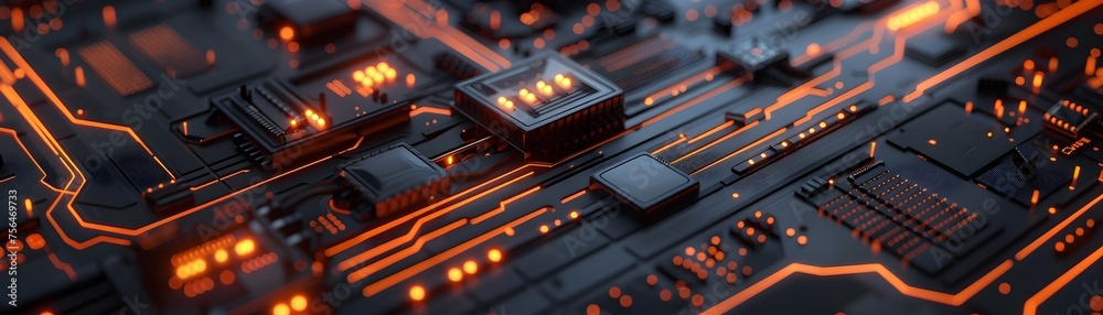 Advanced Algorithm Development Hyper-Realistic Black and Orange Circuit Board with Glowing Chipsets