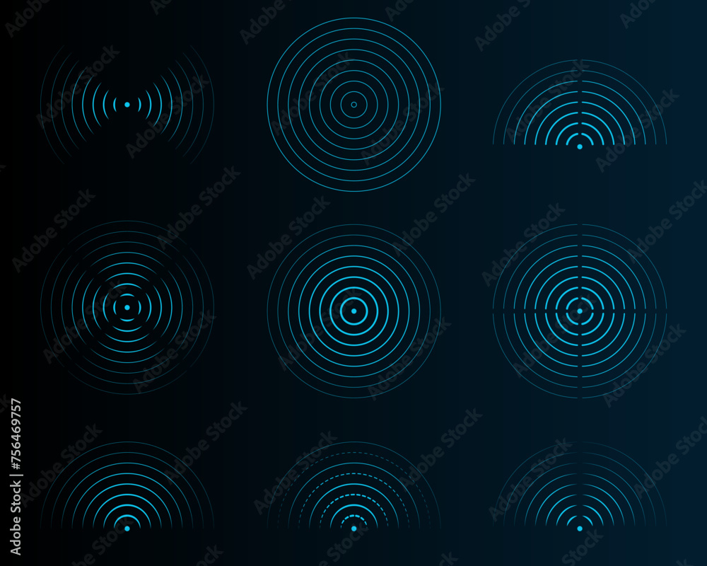 Radar vector icons. Signal concentric circles. Dotted sonar or sound wave rings collection. Digital radar circle network futuristic design.
