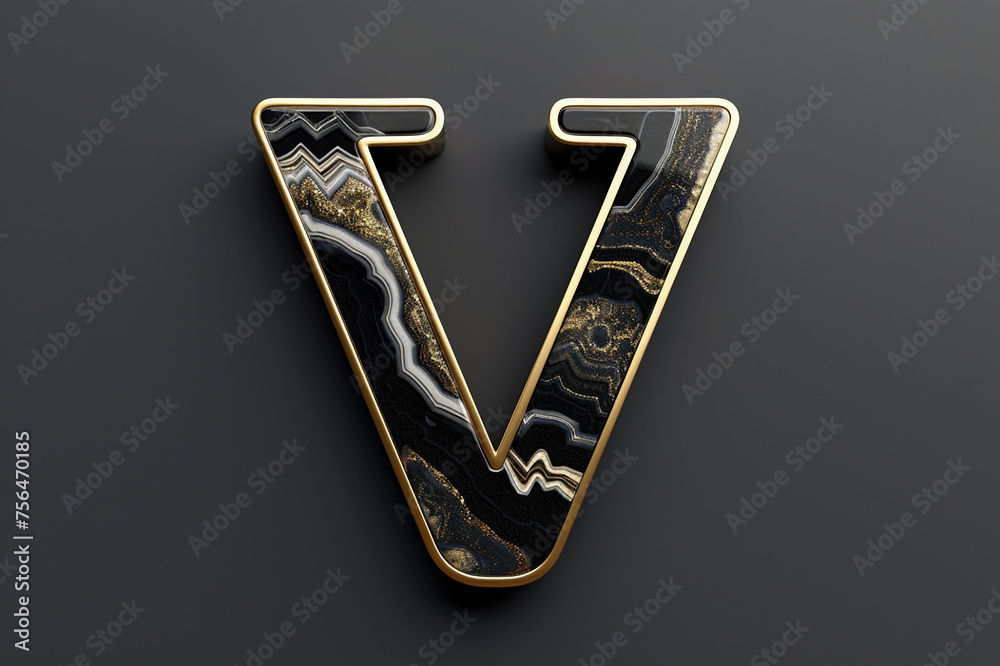 Black marble alphabet, initial letter V, gold border, 3D rendering, agate stone abc with golden marbelling, beautiful unique font design for luxury and jewelry concepts Black marble alphabet, initial letter V, gold border, 3D rendering, agate stone abc with golden marbelling, beautiful unique font design for luxury and jewelry concepts